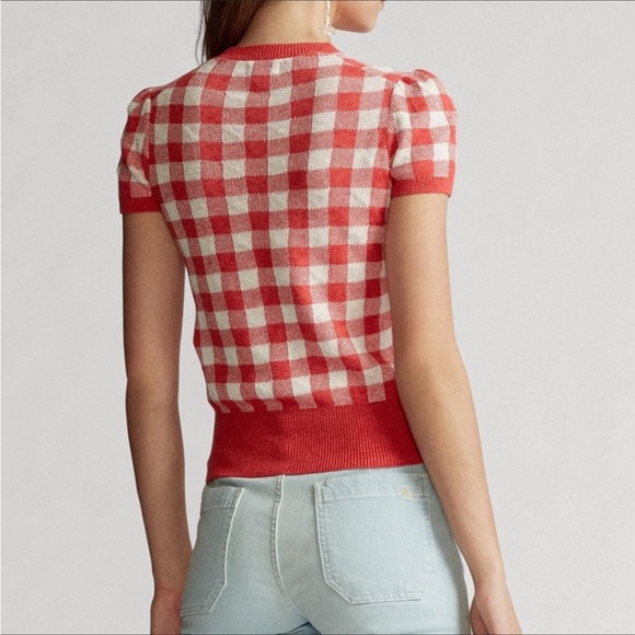 HP..🥳 POLO Ralph Lauren Linen Blend Gingham Knit Top - Picture 2 of 11